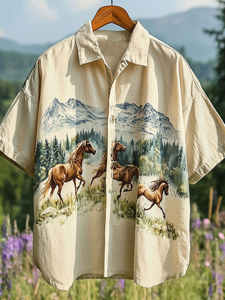 Vintage Horse Print Casual 100% Cotton Shirt