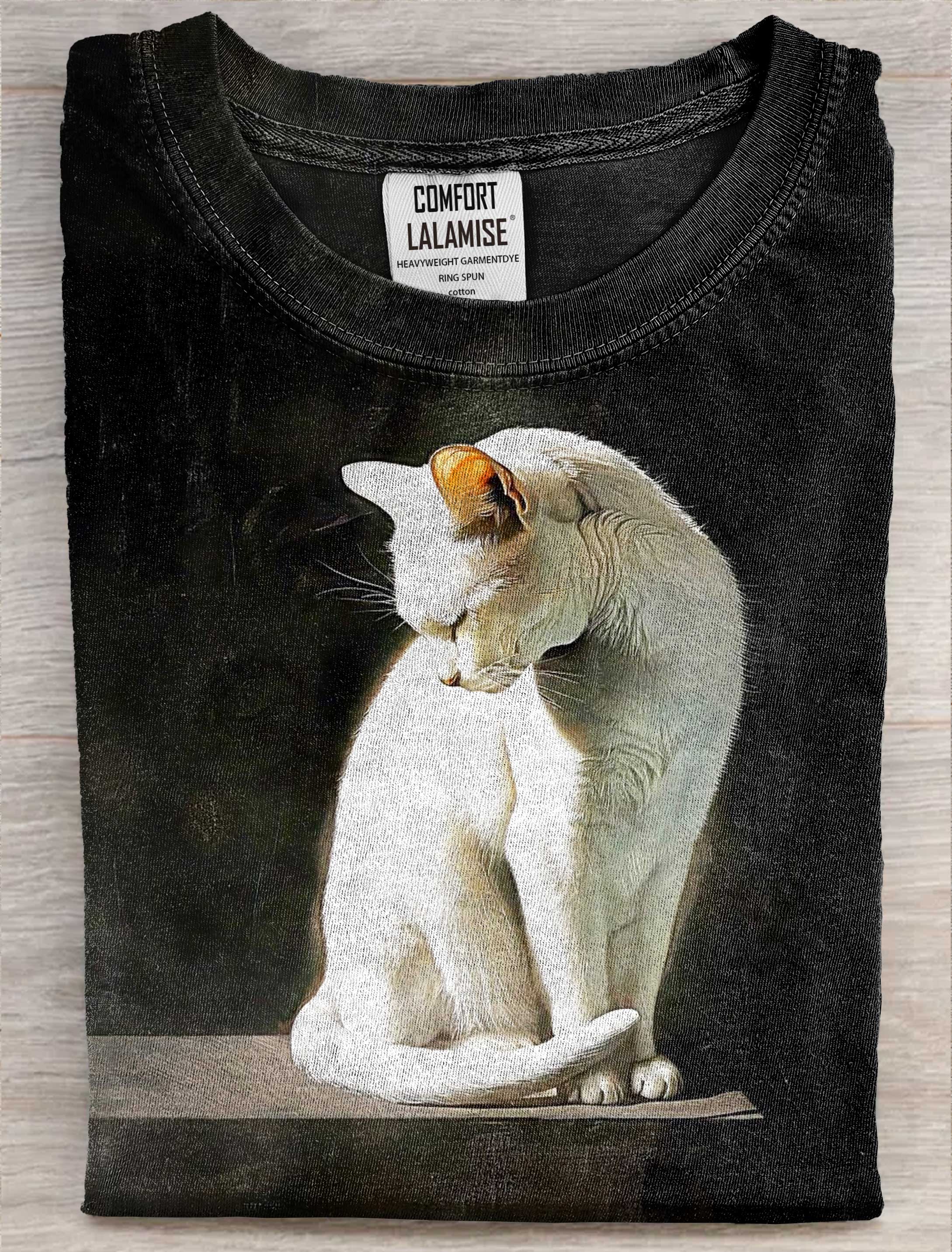 White Cat Art Print Casaul Short Sleeve  T-shirt