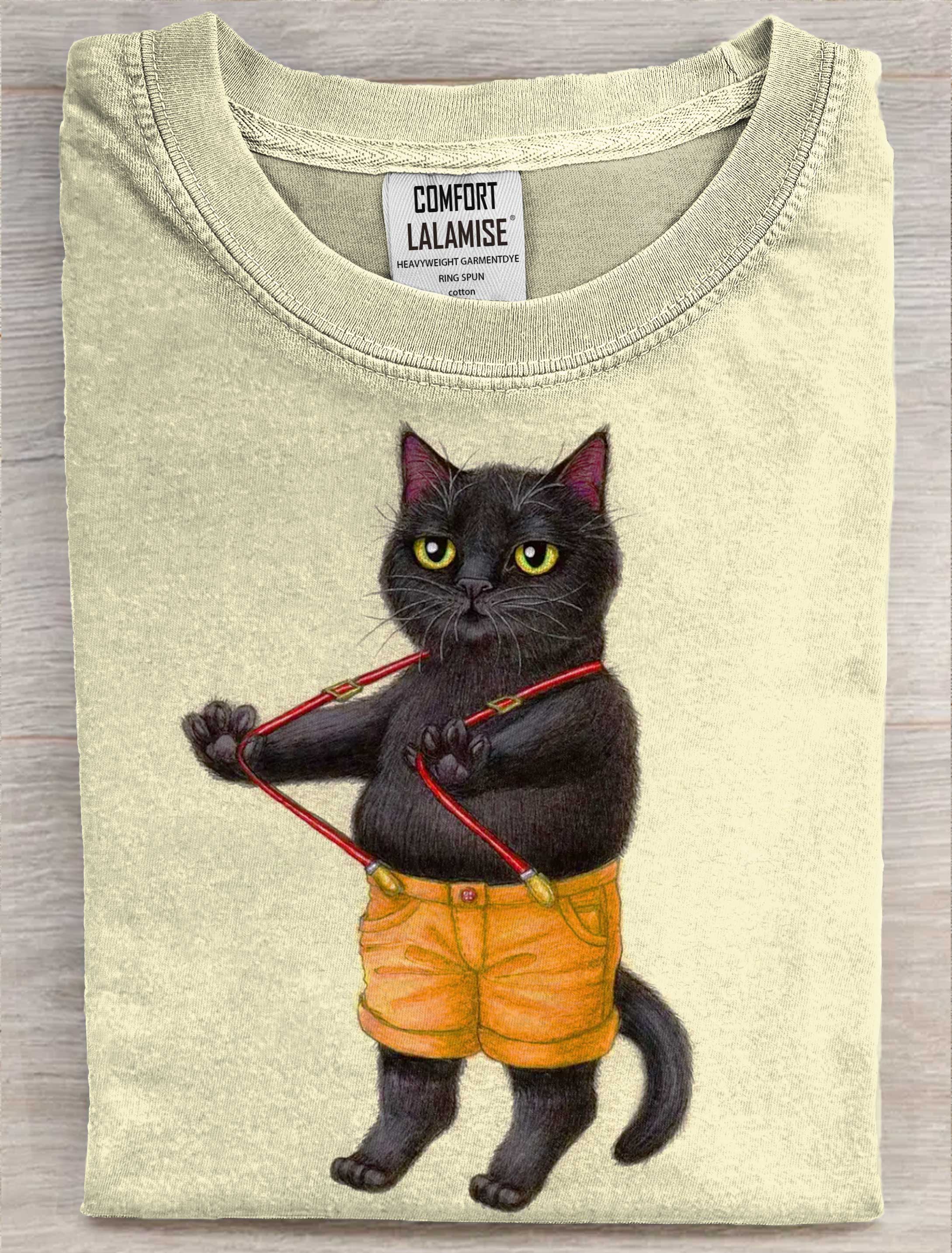 Cute Black Cat Art Print Casaul Short Sleeve T-shirt
