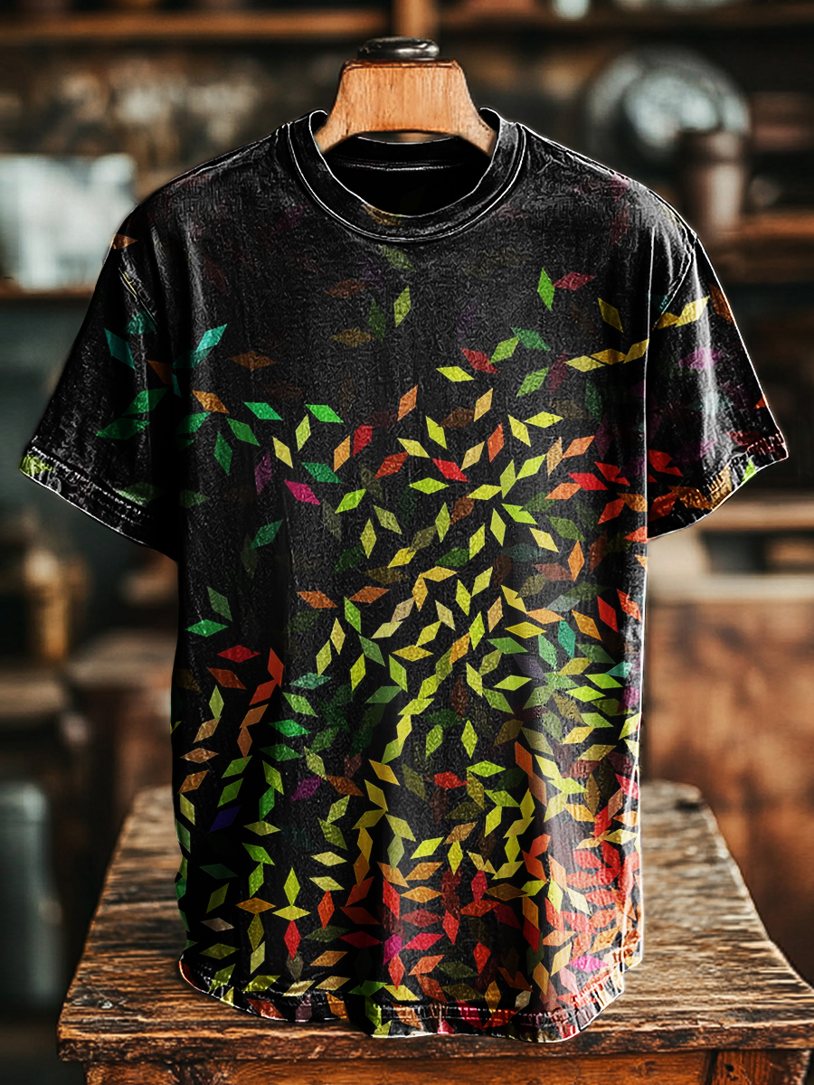 Unisex Retro Rainbow Geometric Print Casual Distressed Loose T-shirt