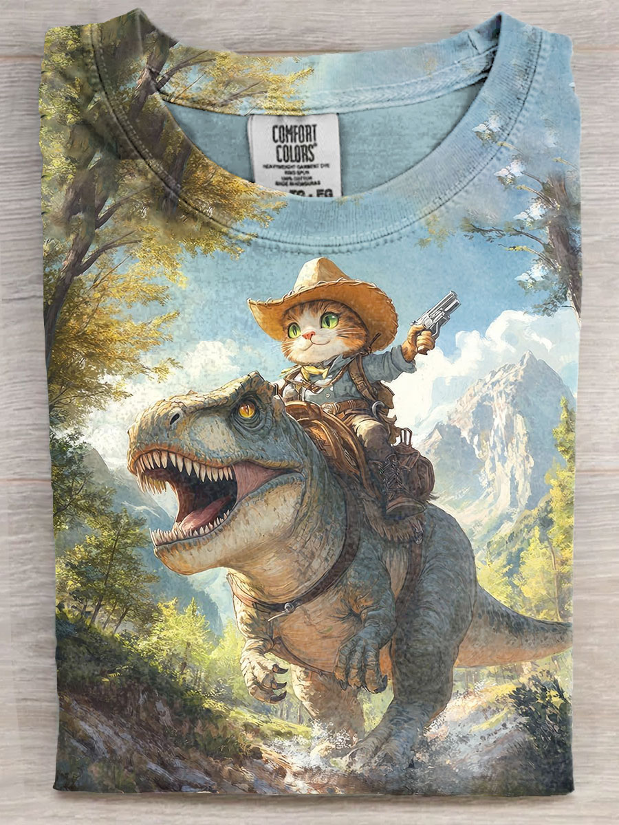 Funny Cat Rides Dinosaur Art Print Causal Short Sleeve T-shirt