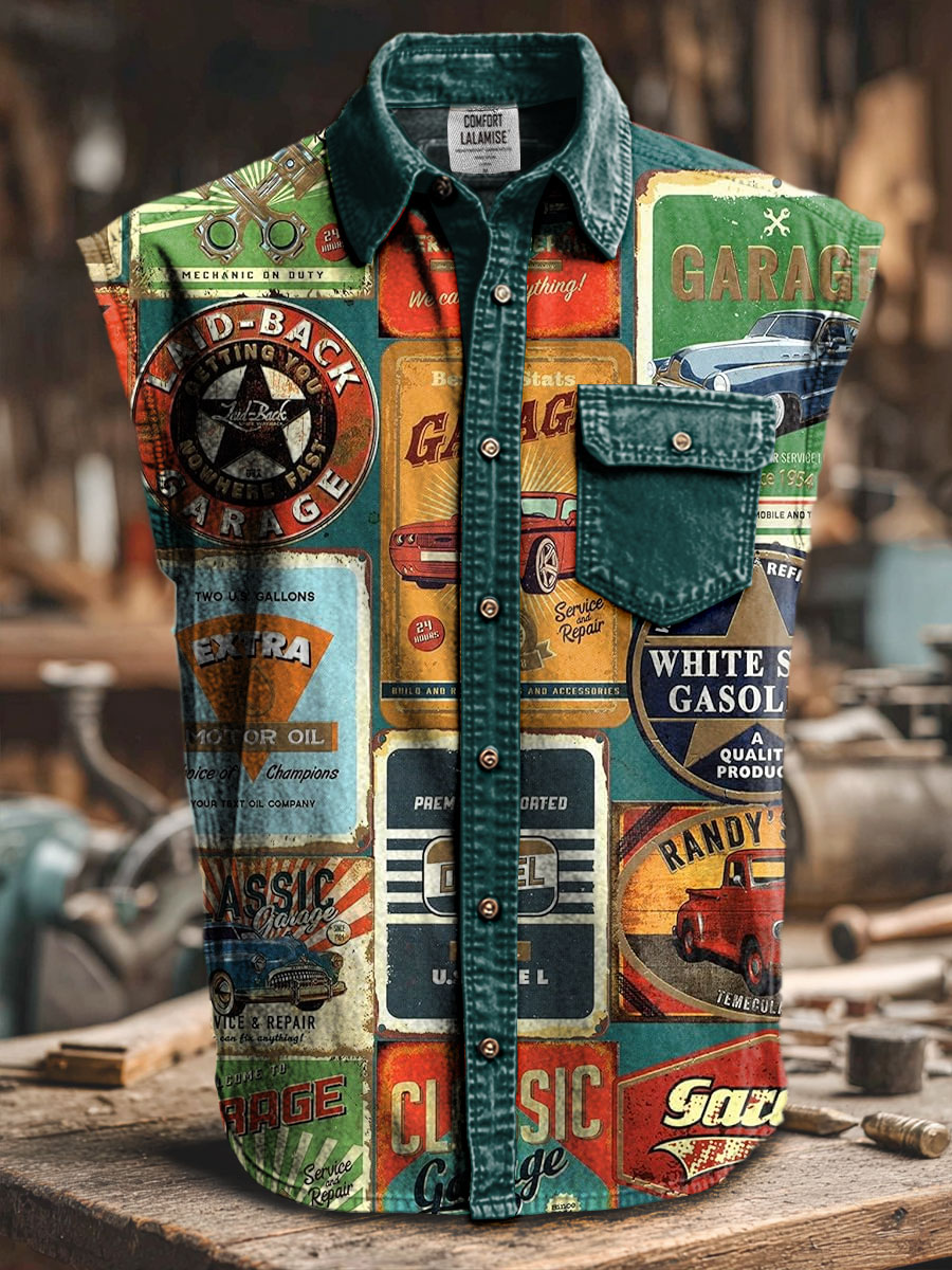 Retro Art Print Casual 100% Cotton Sleeveless Lapel Shirt