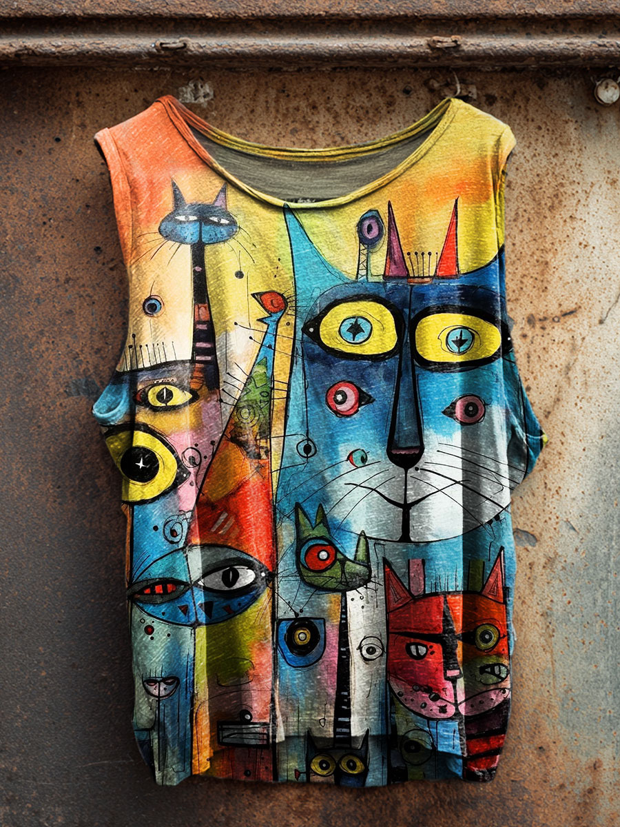 Abstract Art Cat Print 100% Cotton Casual Tank Top