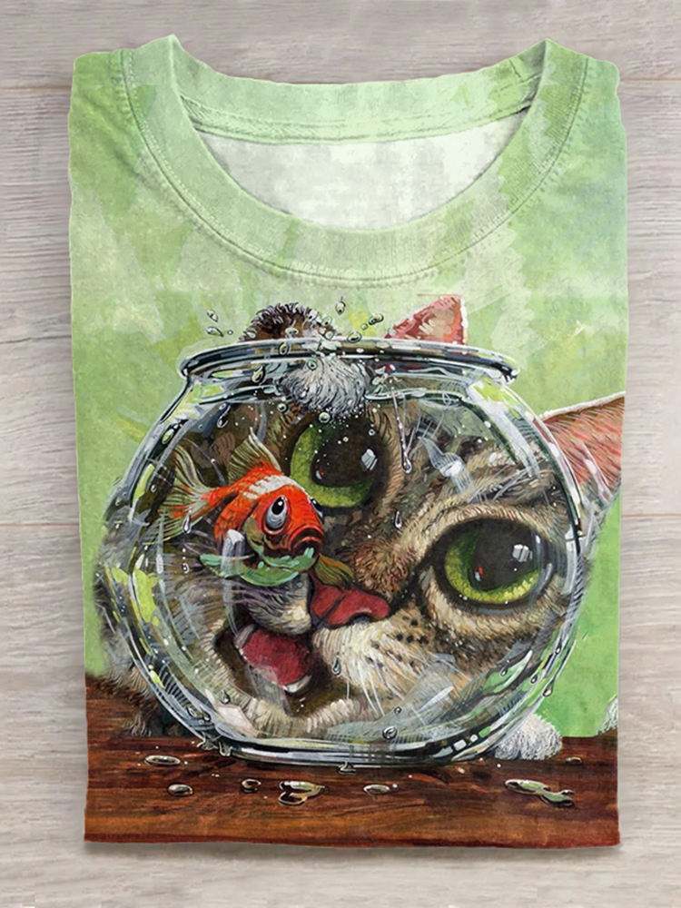 Abstract Creative Cute Greedy Cat Art Print Cotton Graphic T-shirt