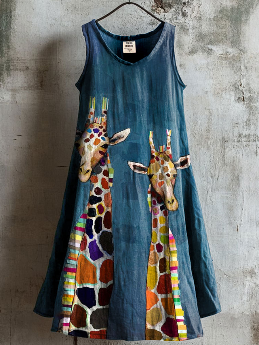 Giraffe Print V-neck Pocket Cotton Dress
