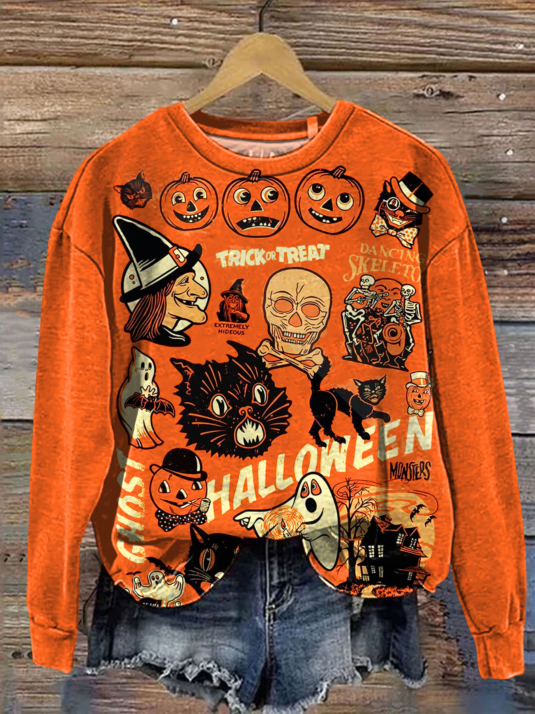 Vintage Halloween Art Print Casaul Long Sleeve Sweashirt