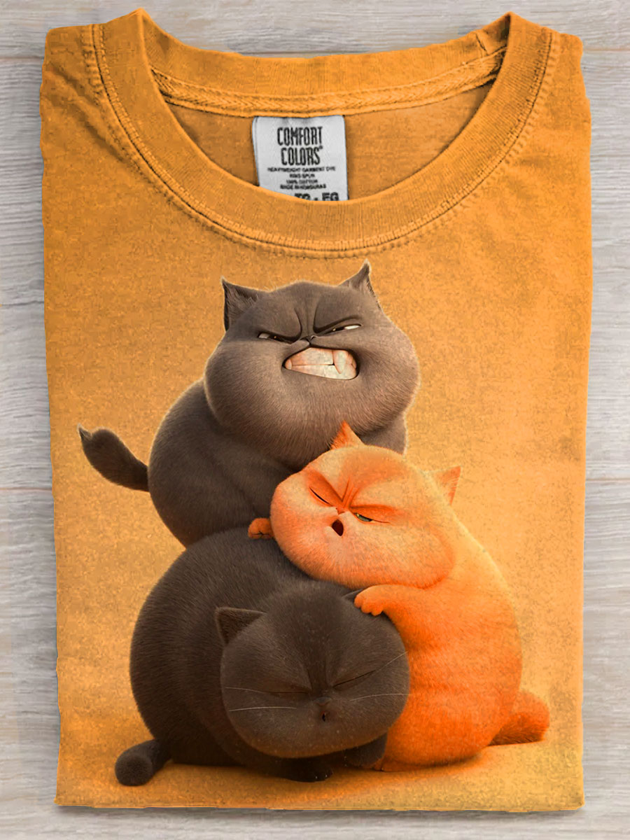 Funny Three Fat Cat Art Print Casual Short Sleeve T-shirt