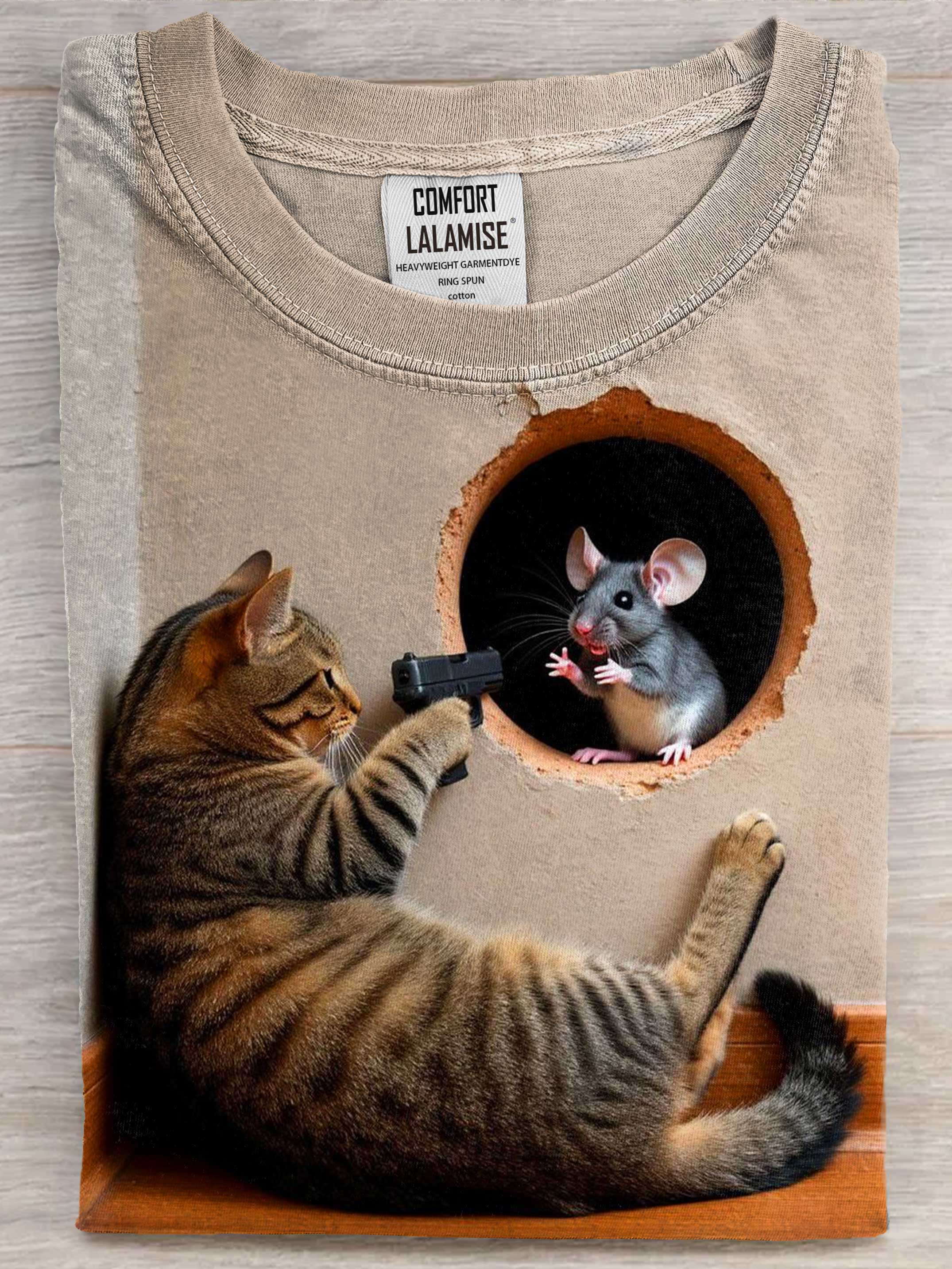 Funny Cat With Mouse Art Print Casual Short Sleeve T-shirt