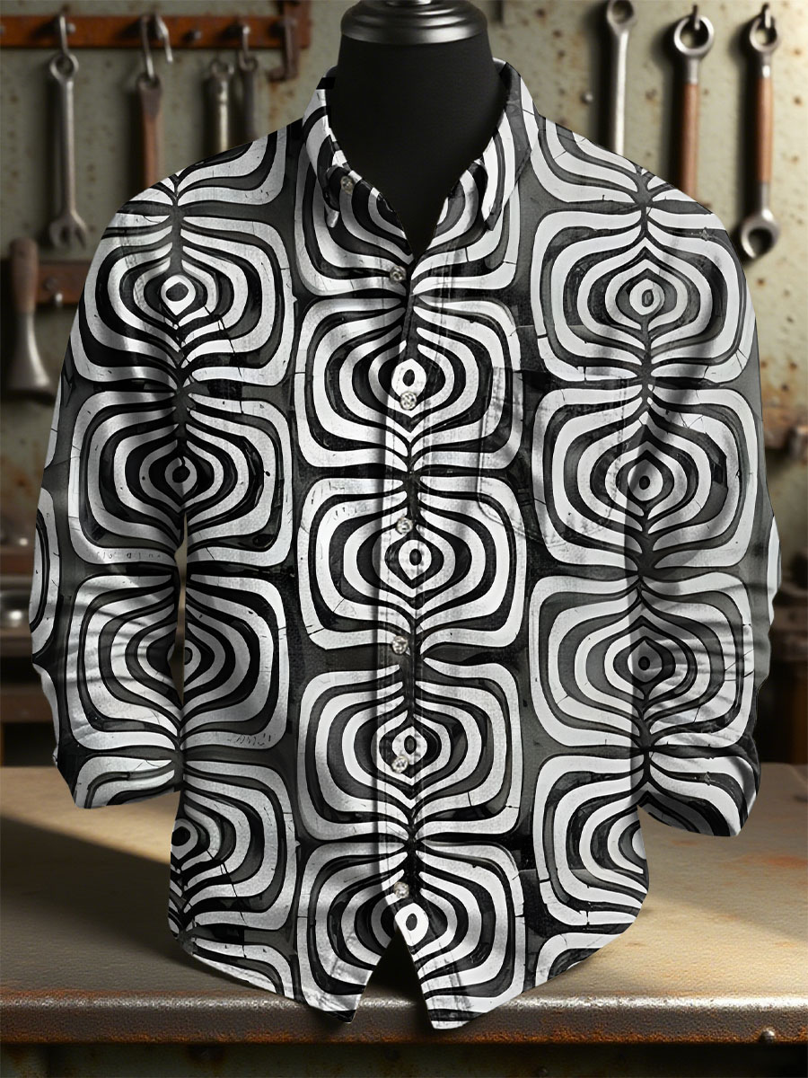 Vintage Geometric Lines Art Print 100% Cotton Long Sleeve Shirt
