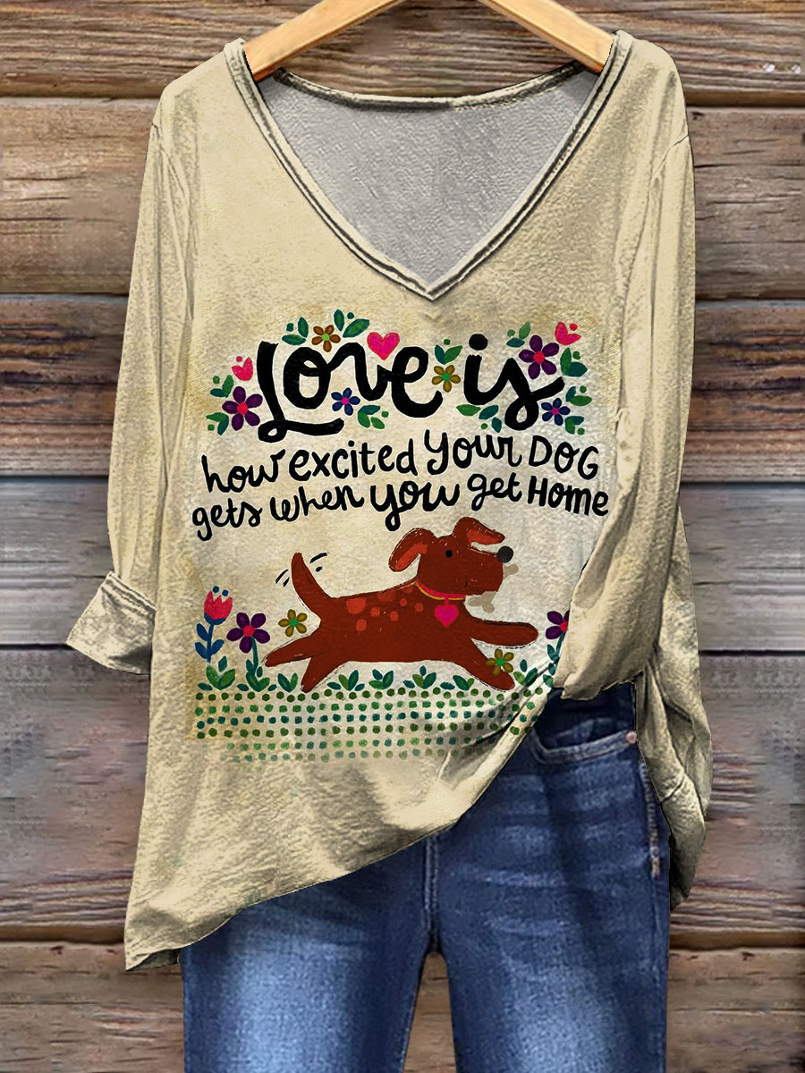 Dog Lover Art Print Casual V-neck Long Sleeve T-shirt