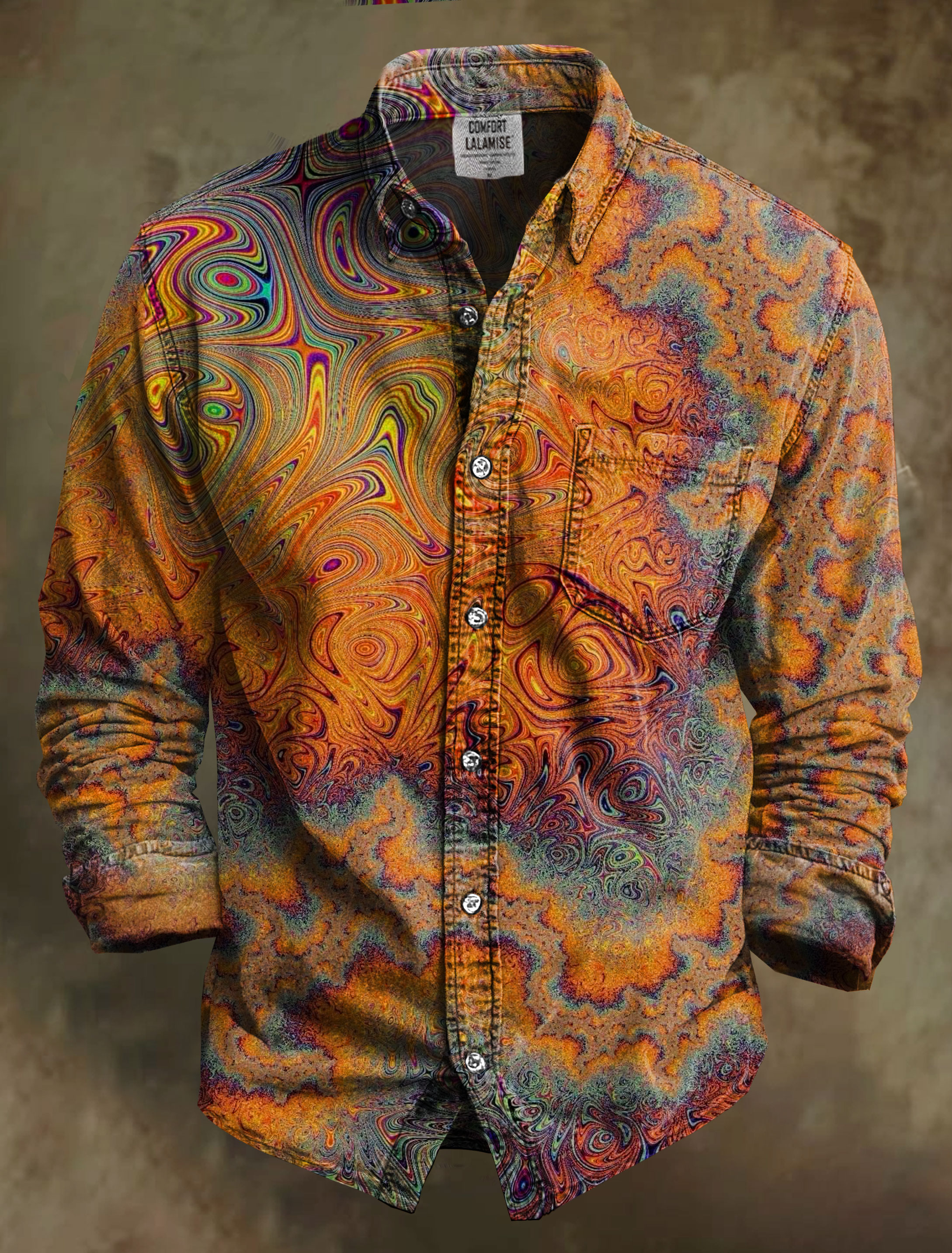 Vintage Abstrct Wave Art Print 100% Cotton Long Sleeve Shirt