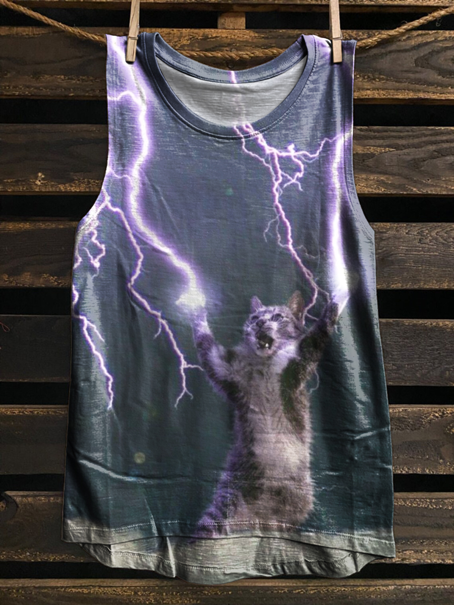 Cat Print 100% Cotton Casual Tank Top