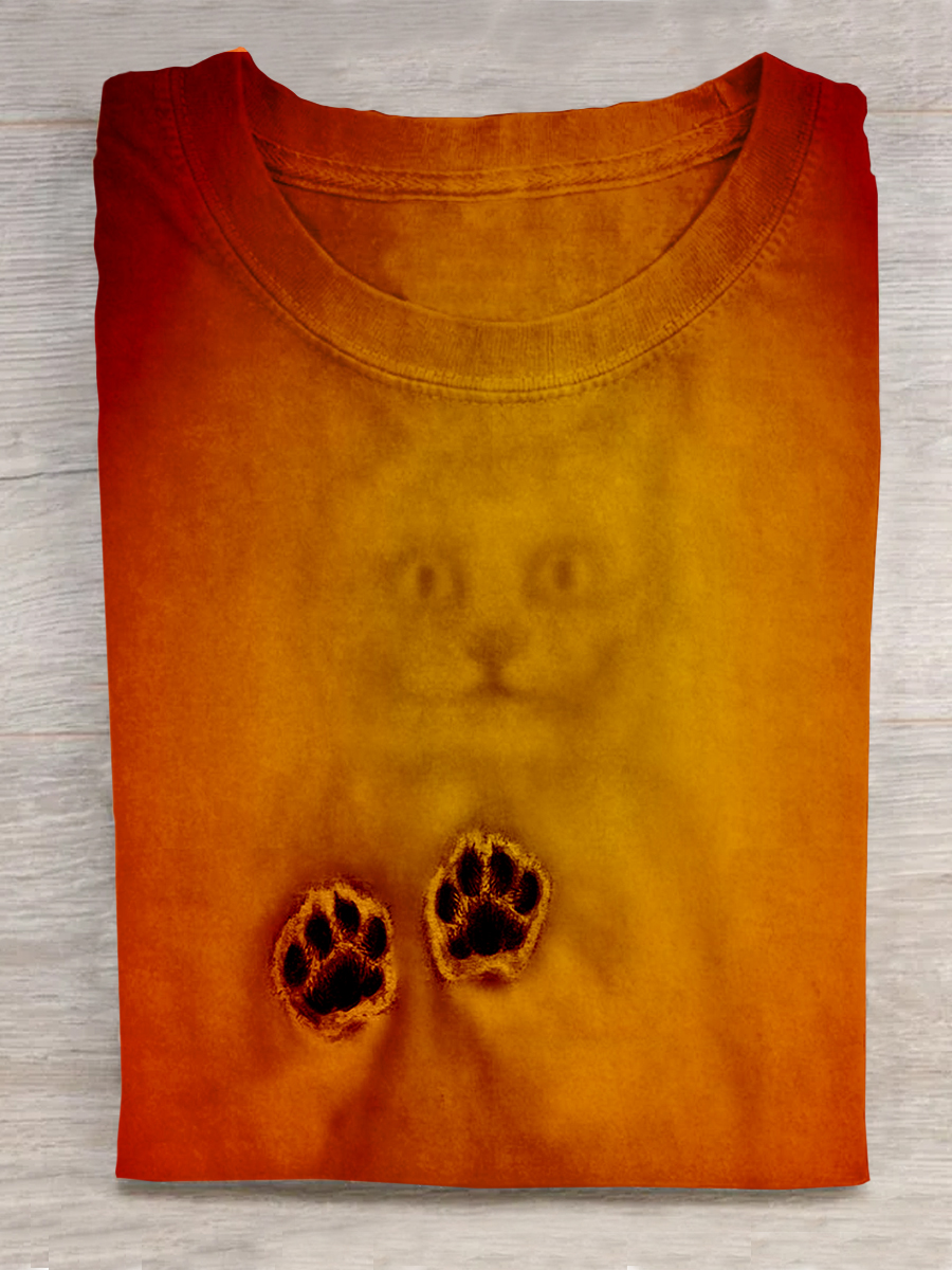 Cat Art Print Crew Neck T-shirt