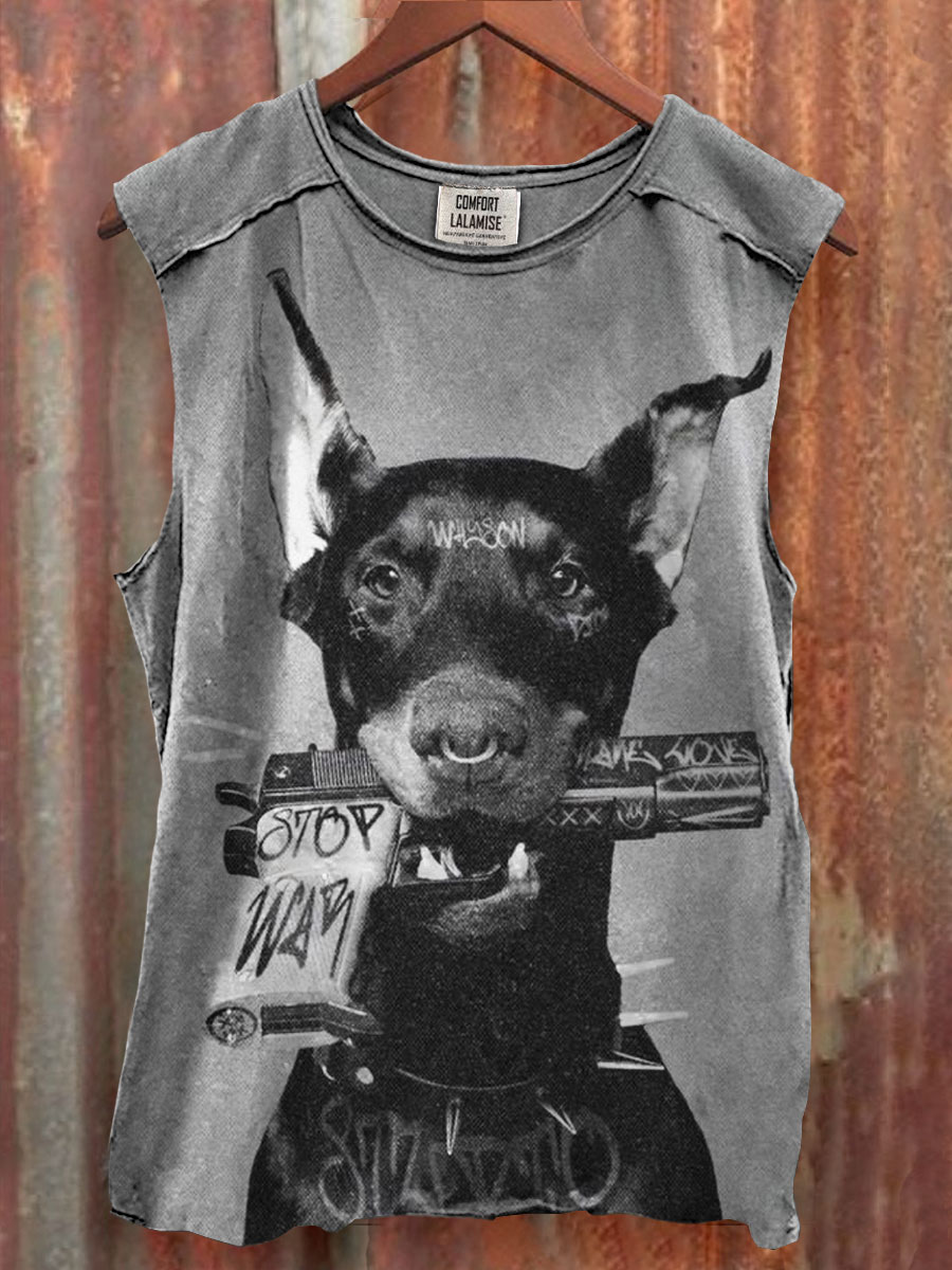 Stop War Dog Art Print 100% Cotton Casual Tank Top