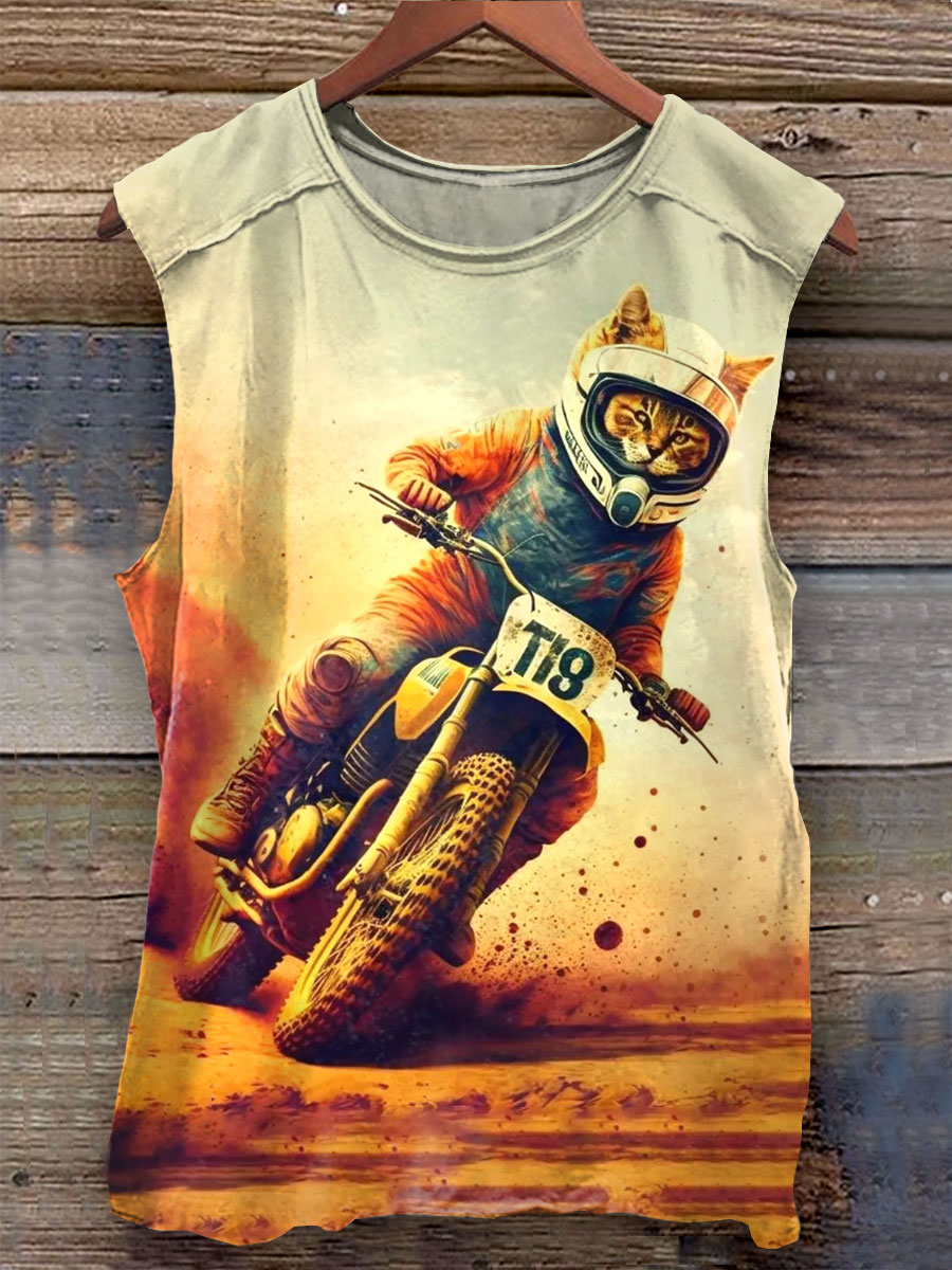 Motorcycle Cat Art Print 100% Cotton Casual Tank Top