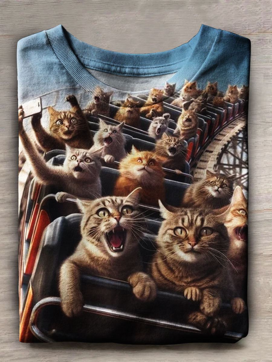 Funny Cat Print Casual Short Sleeve Top