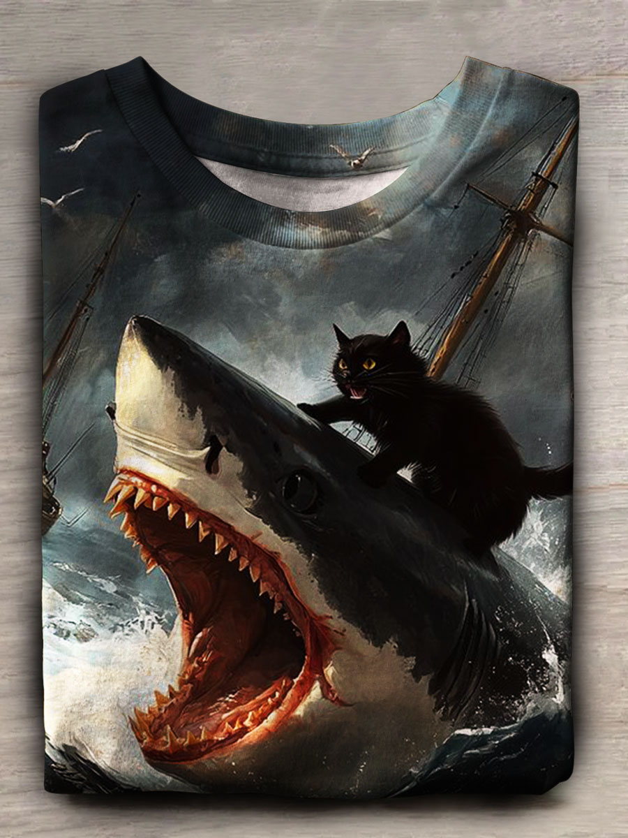 Funny Black Cat Print Short Sleeve Top