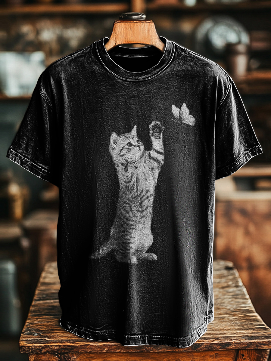Unisex Retro Cat Scratch Butterfly Print Casual Loose Short Sleeve T-Shirt