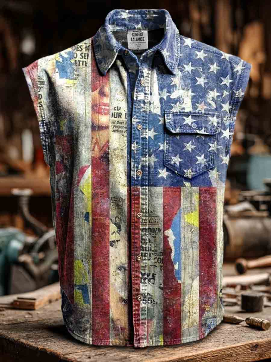 Vintage USA Flag Art Print Casual 100% Cotton Sleeveless Lapel Shirt