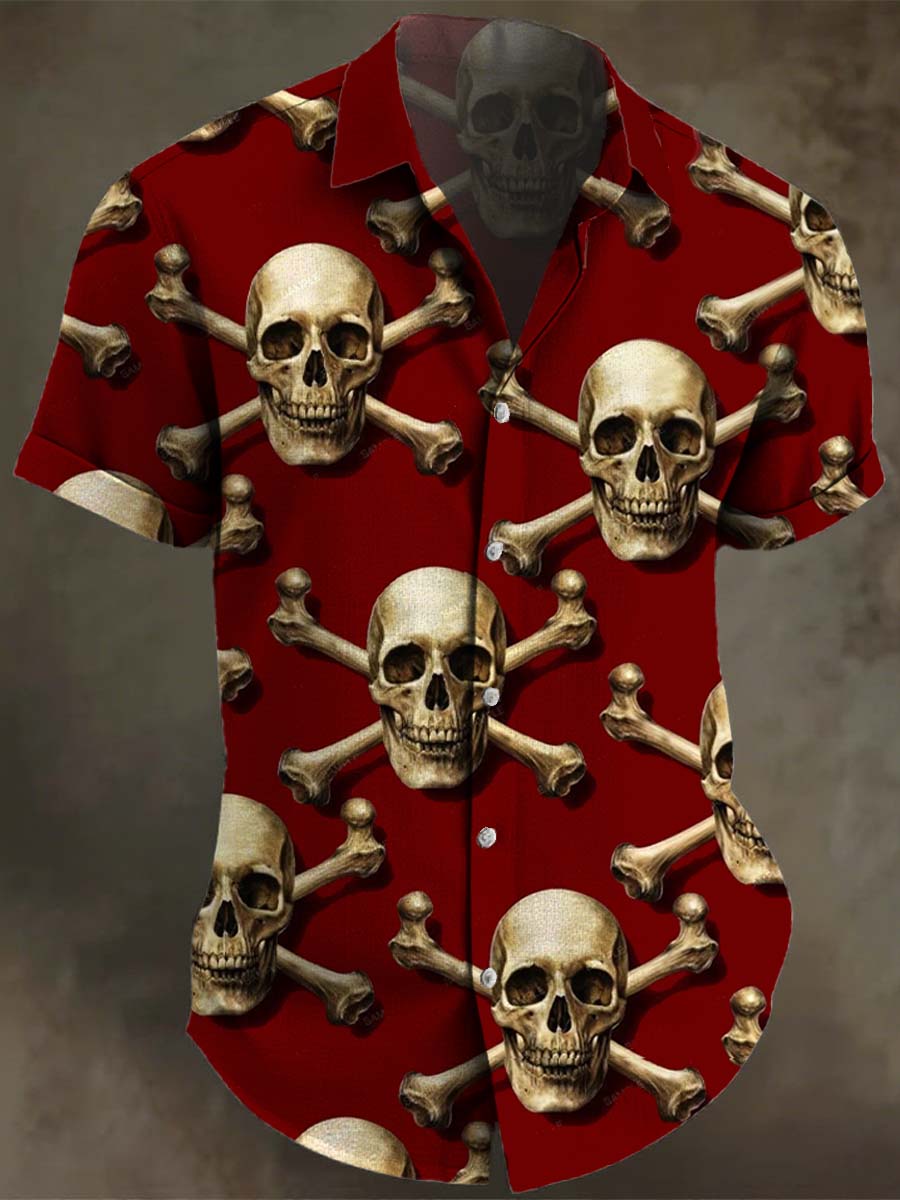 Retro Red Cross Skull Print Casual 100% Cotton Shirt