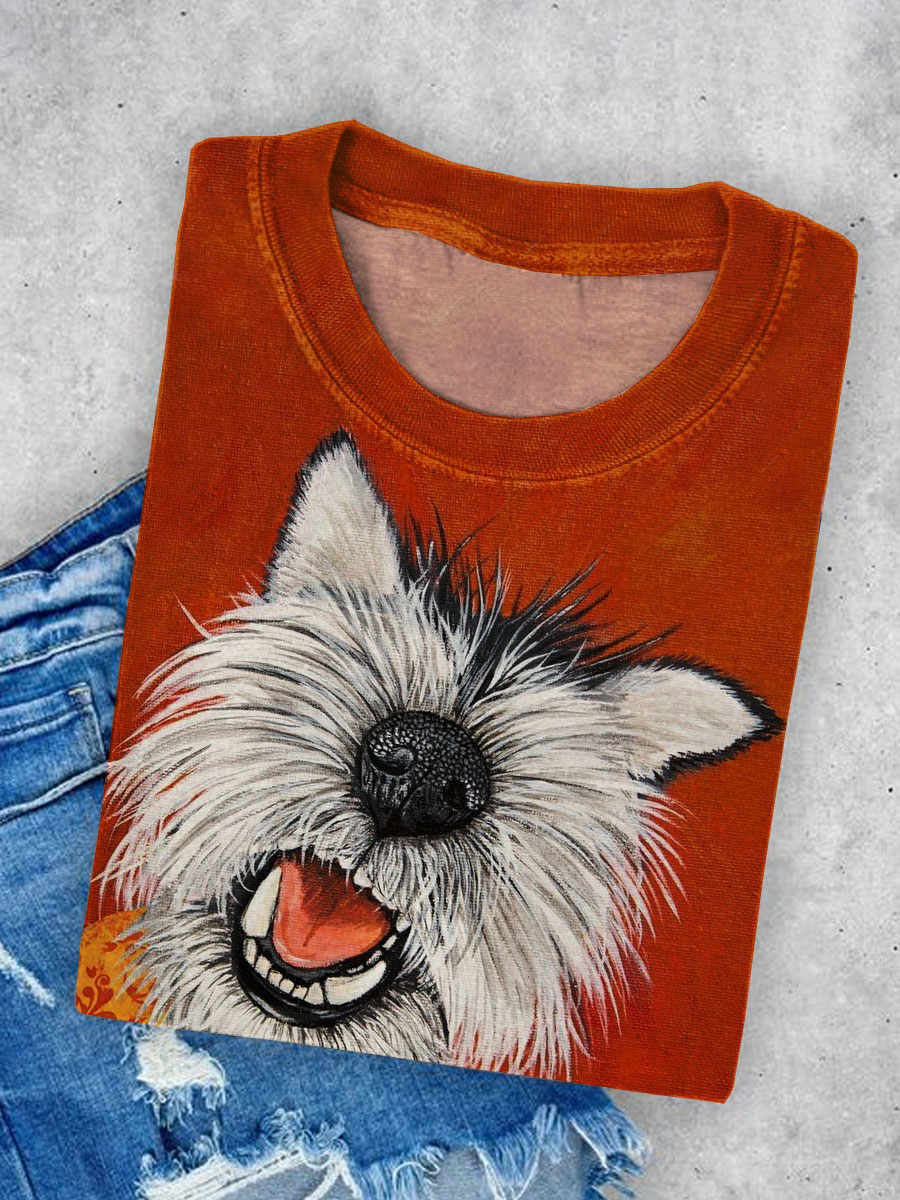 Dog Art Printed Crew Neck Short Sleeve T-Shirt