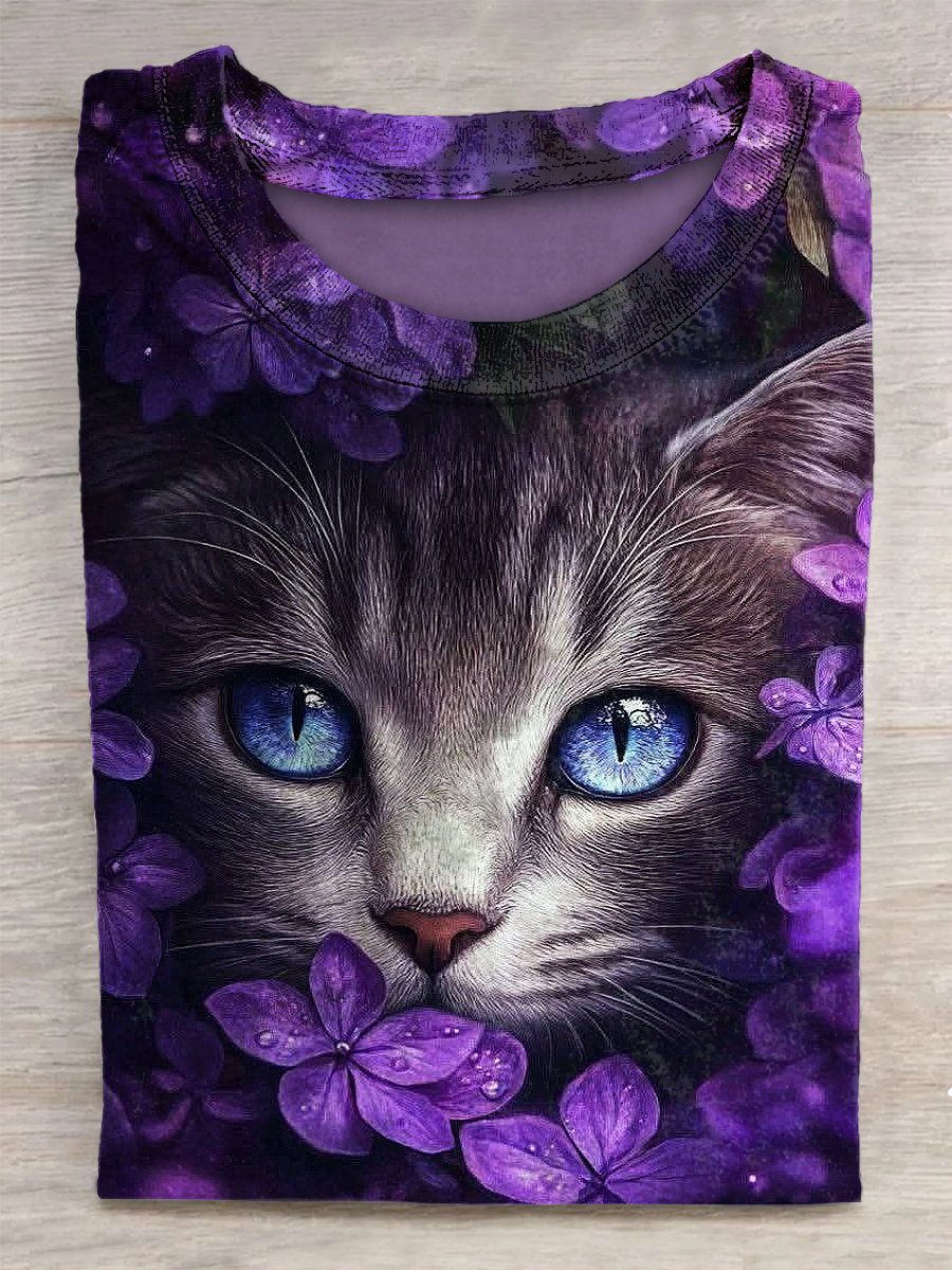 Cat Printed Vintage Fashion Loose Short Sleeve T-Shirt