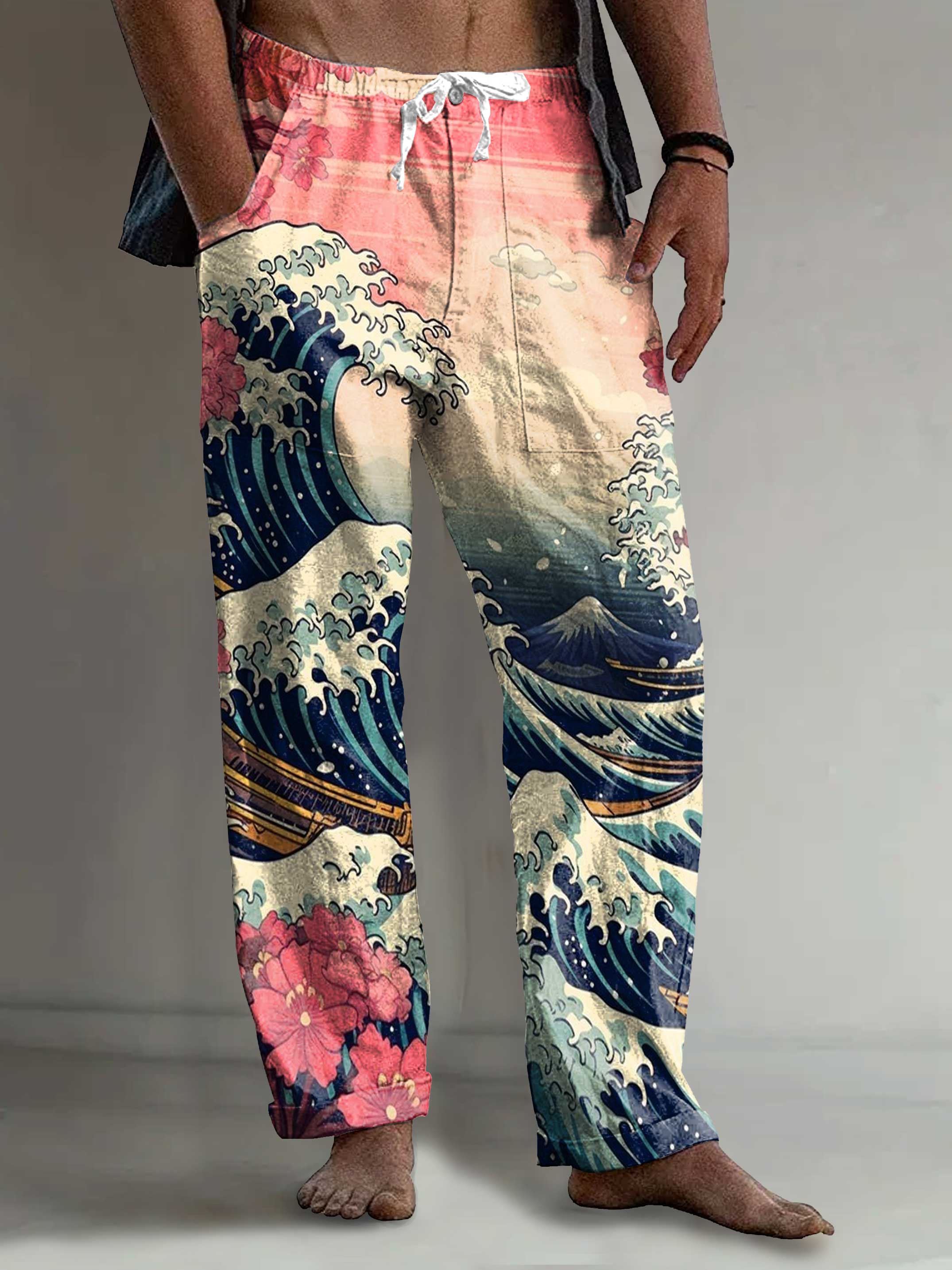Men's Vintage Japanese Wave Art Print Comfy 100% Cotton Pants