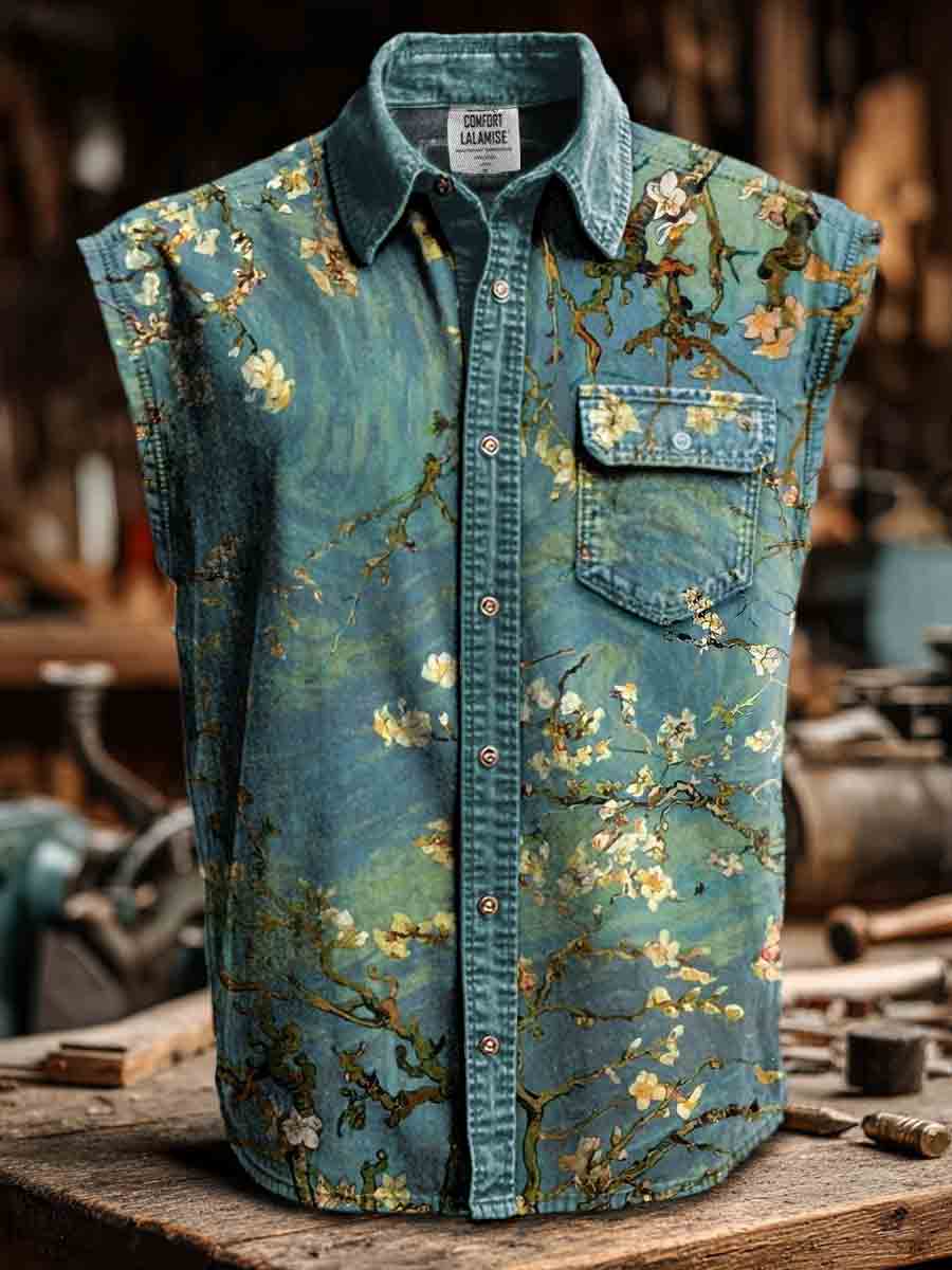 Vintage Blossom Print Casual 100% Cotton Sleeveless Lapel Shirt