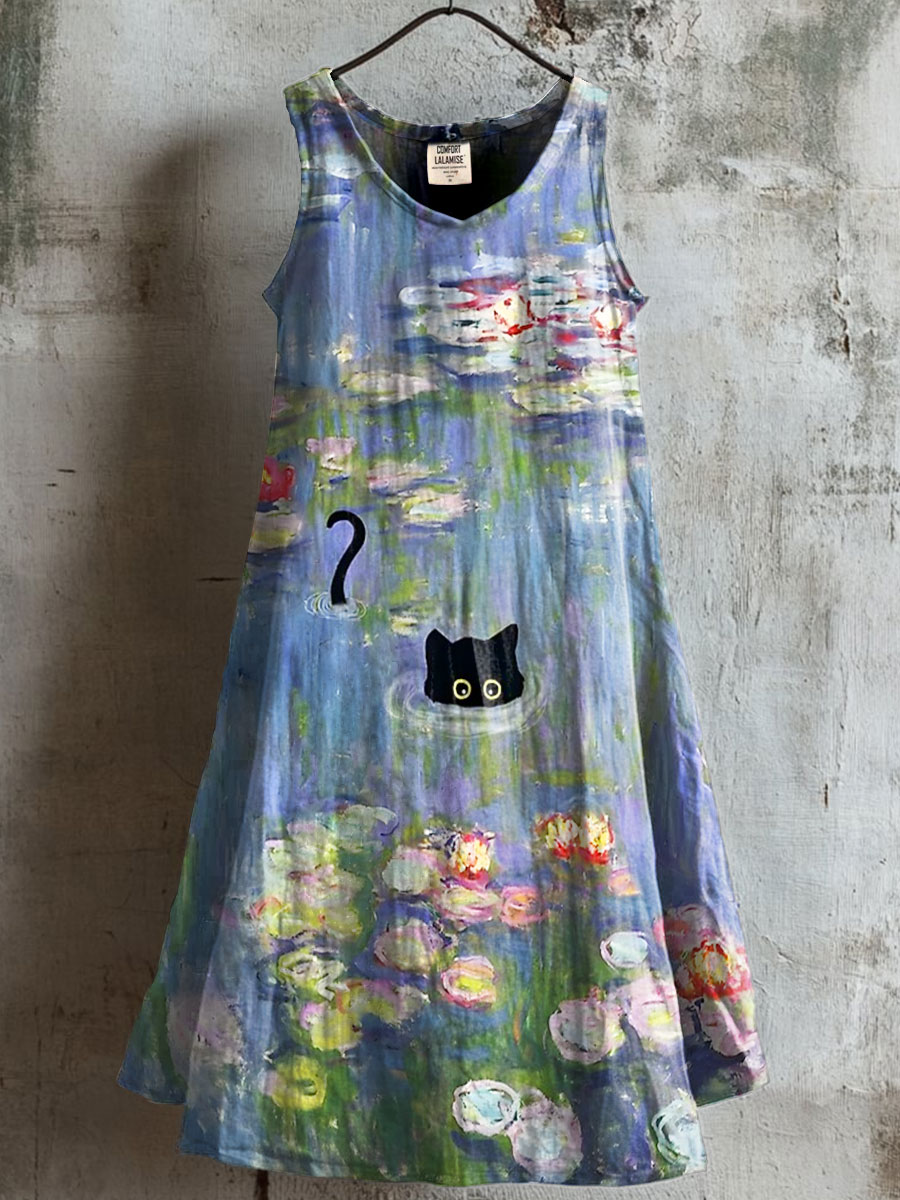 Women's Vintage Cat Art Print V-neck Pocket Cotton Dress