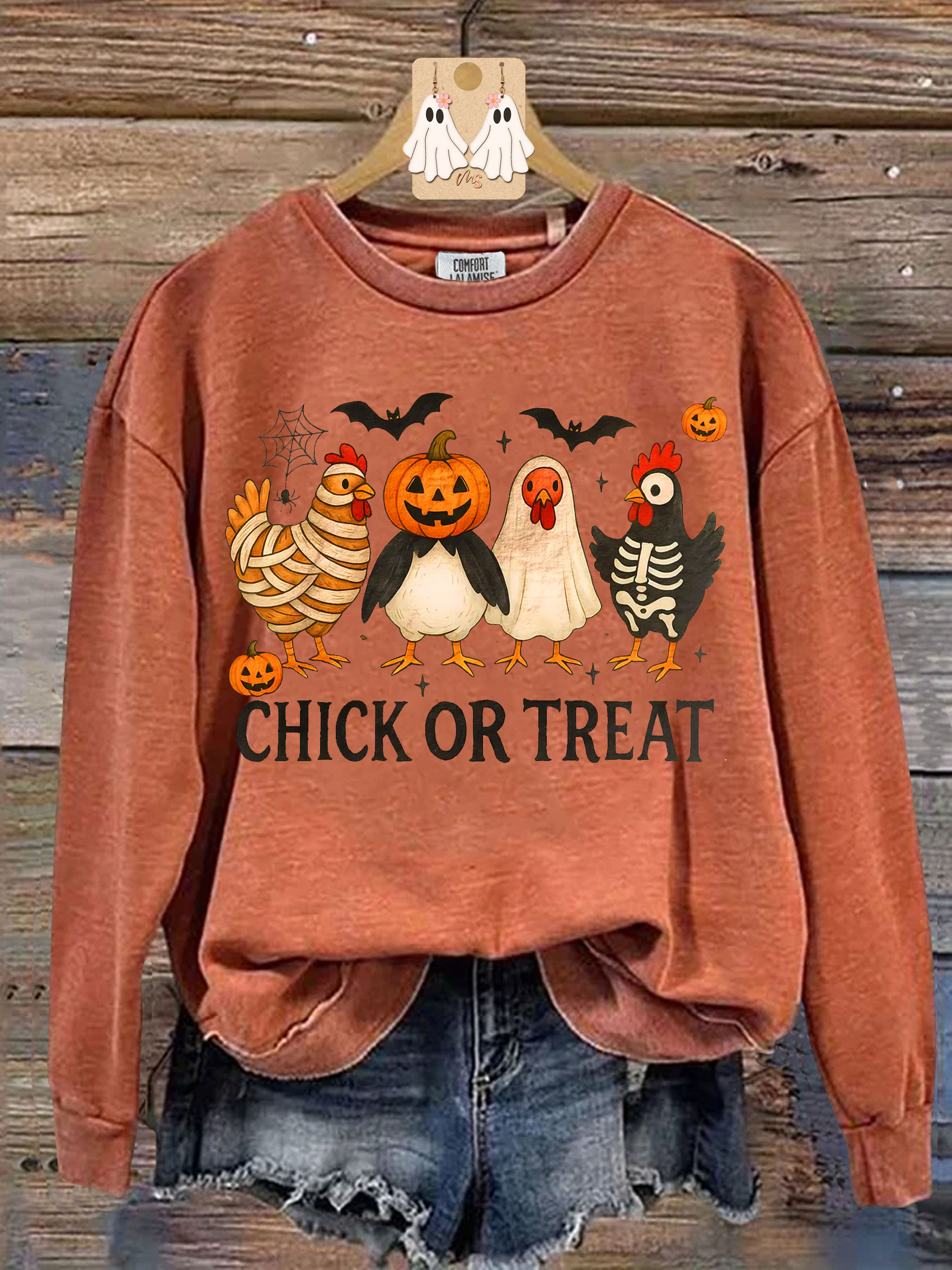 Chick Or Treat Spooky Chicken Halloween Print Casual Sweatshirt
