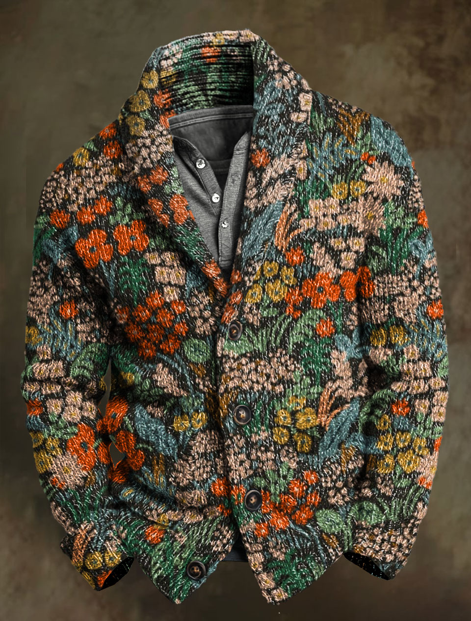 Vintage Floral Art Print Knit V-neck Pullover Sweater