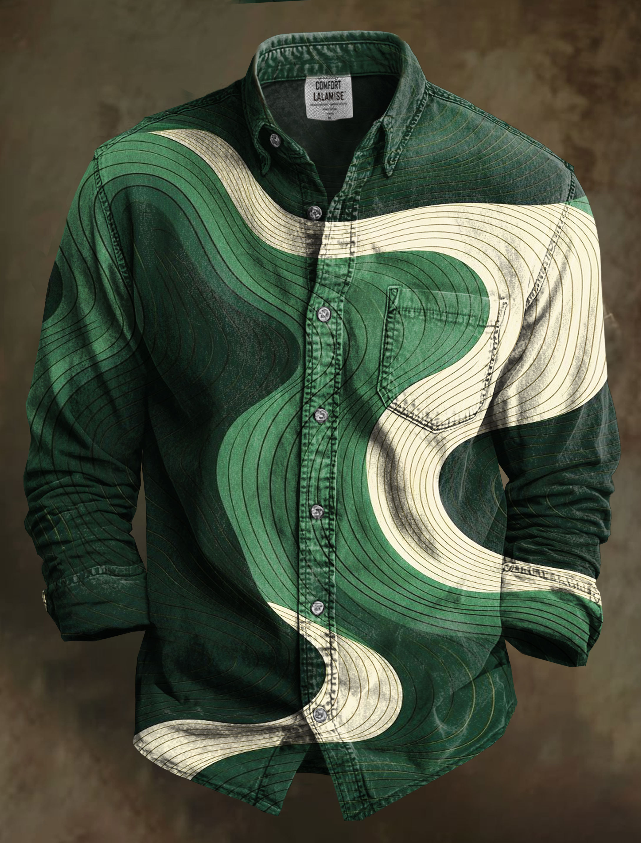 Vintage Line Wave Art Print 100% Cotton Long Sleeve Shirt