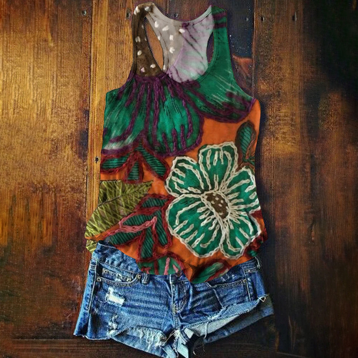 Embroidered Flower Art Print Tank Top
