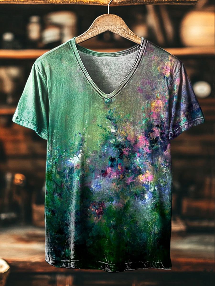 Unisex Vintage Abstract Floral Swoosh Art Print Casual V-Neck T-Shirt