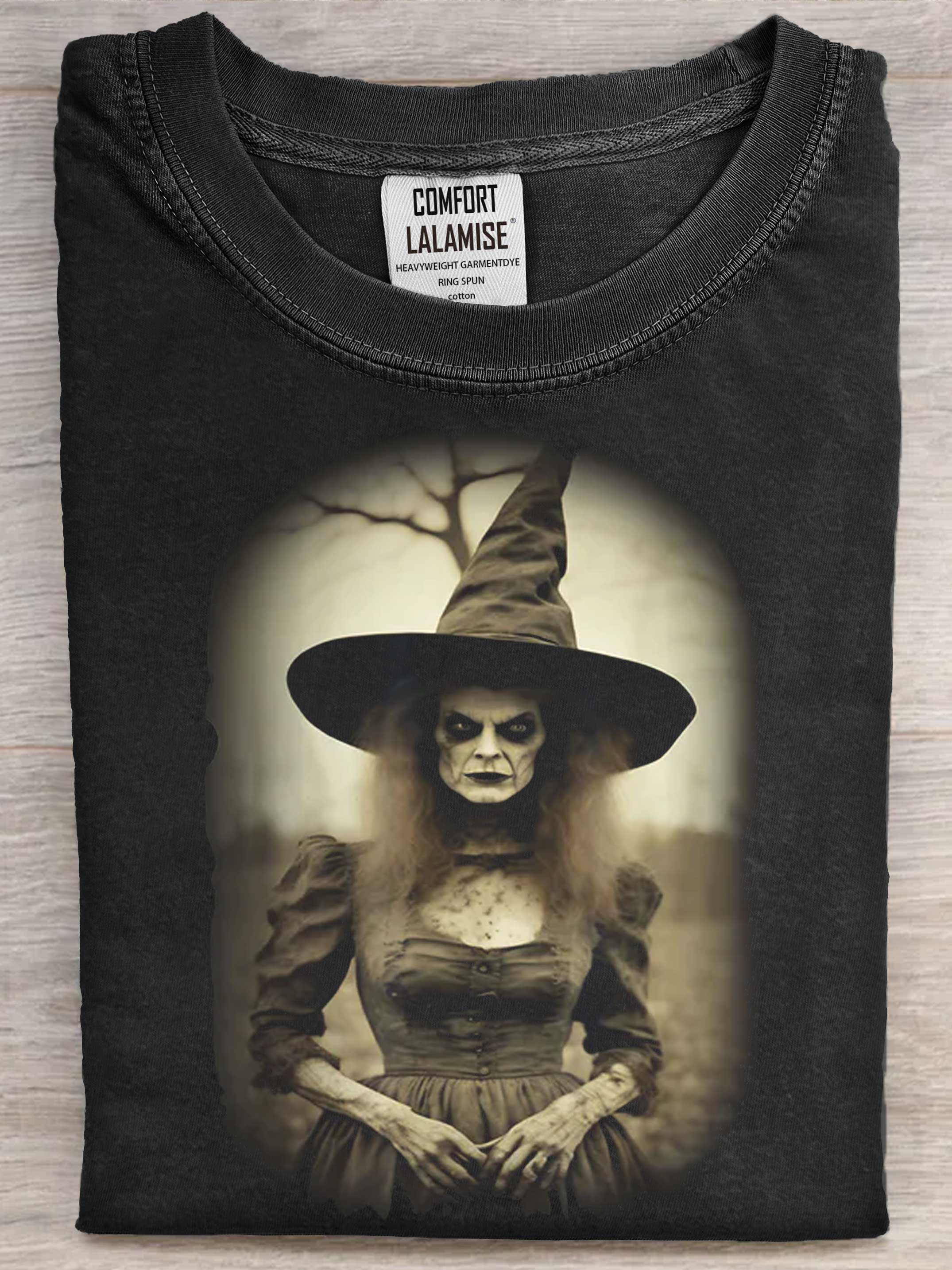 Vintage Horror Witch Creepy Gothic Halloween Art Print Cotton Casaul Short Sleeve T-shirt