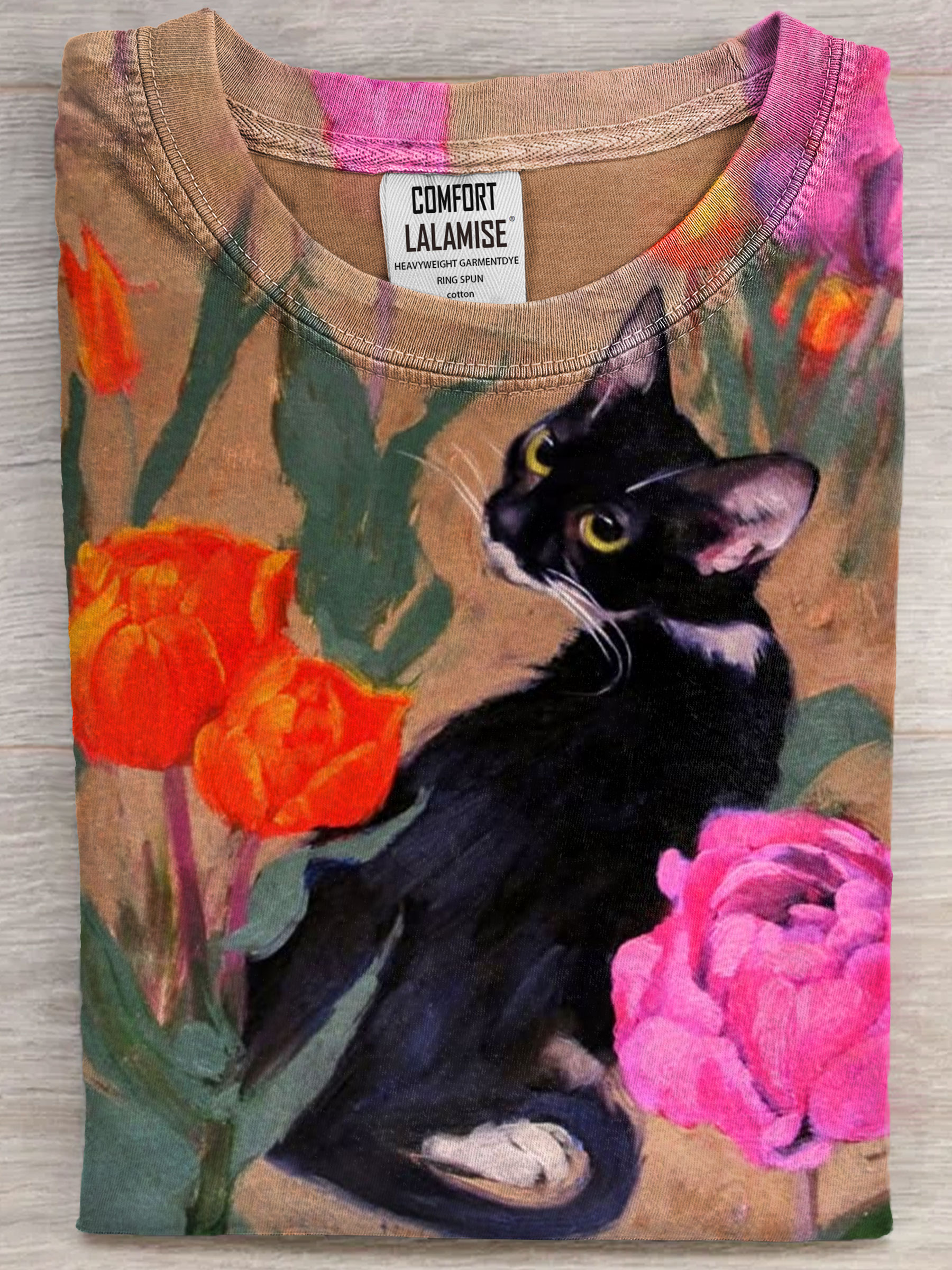 Cat in Garden Art Print Casual Short Sleeve T-shirt