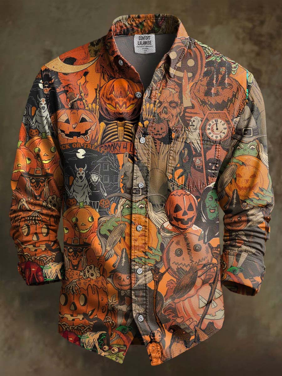 Halloween Pumpkin Witch Art Print 100% Cotton Long Sleeve Shirt