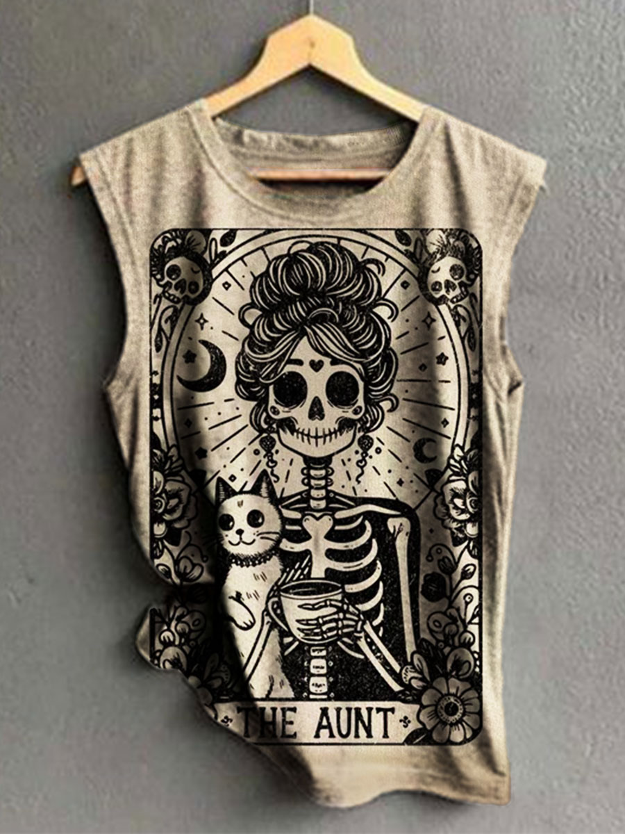 Funny Skull Cat Print 100% Cotton Casual Tank Top