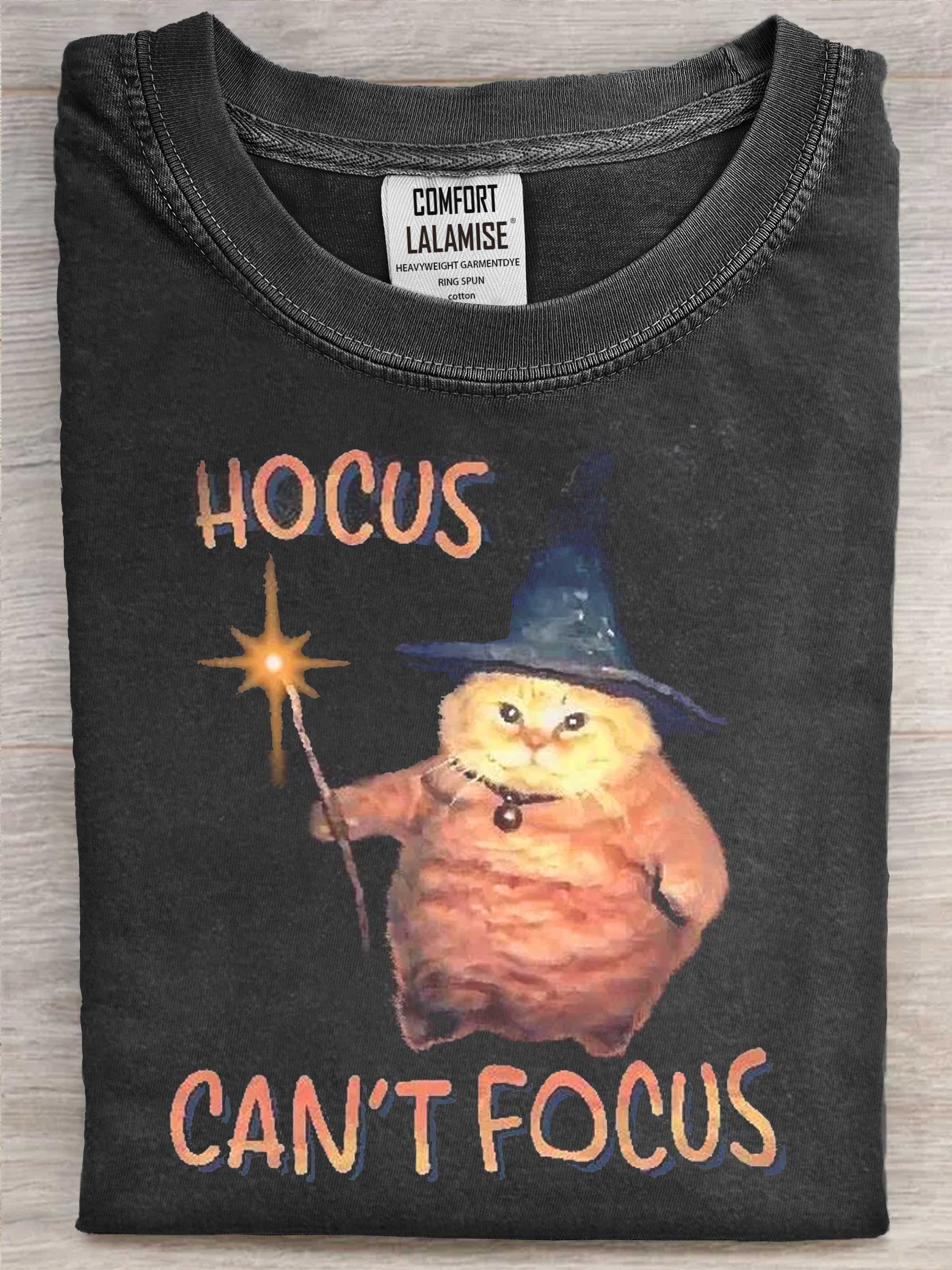 Funny Hocus Cant Focus Cat Art Print Casaul Cotton Short Sleeve T-shirt