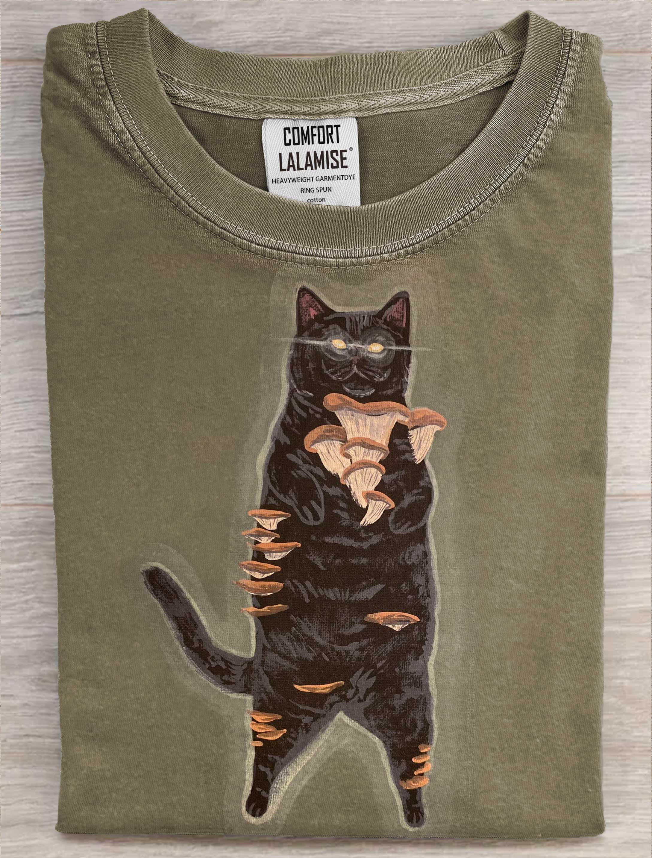 Funny Mushroom Cat Art Print Casual Short Sleeve T-shirt