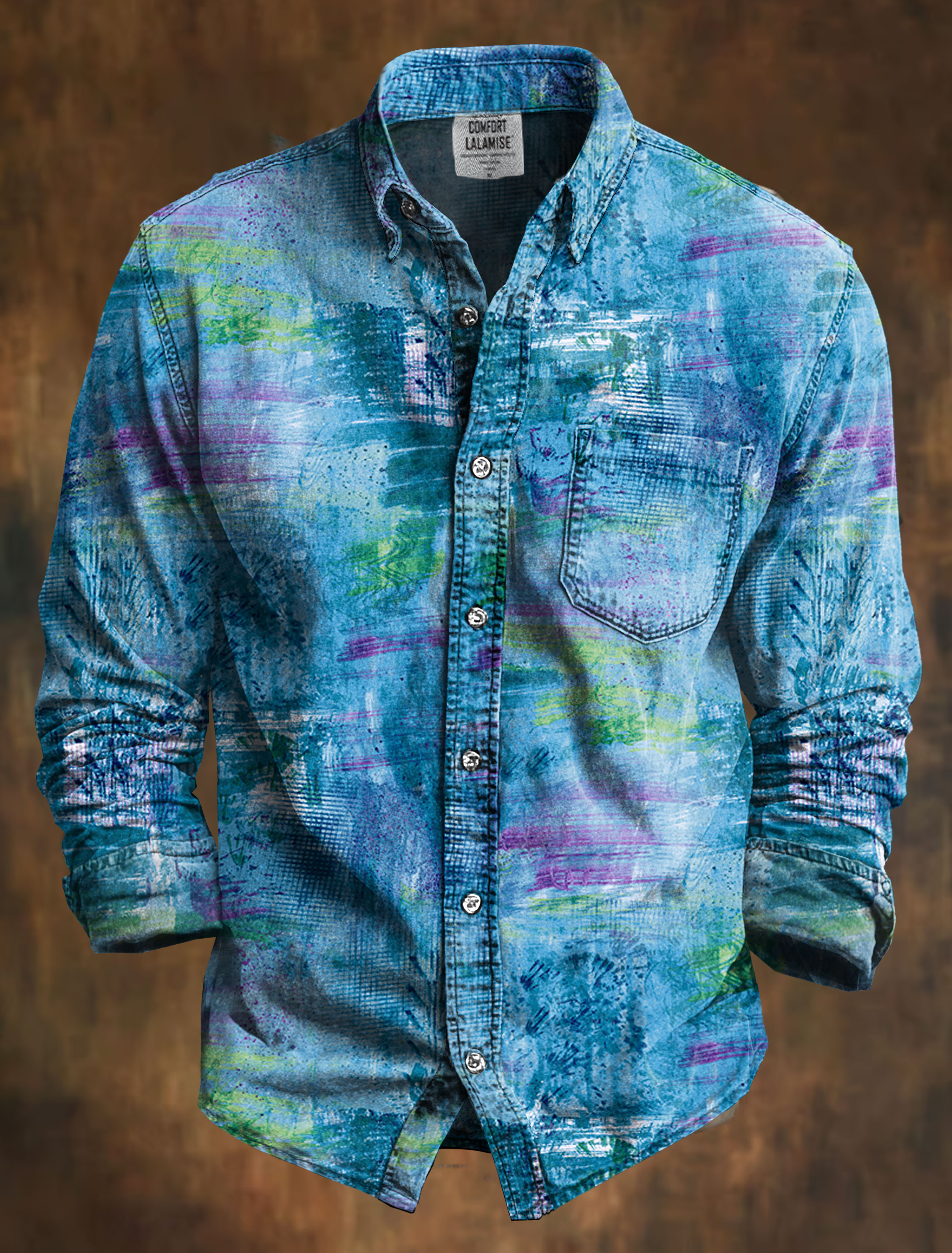 Blue Abstrct Art Print 100% Cotton Long Sleeve Shirt
