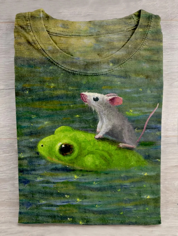 Mouse Frog Art Printed Crew Neck Women's T-shirt