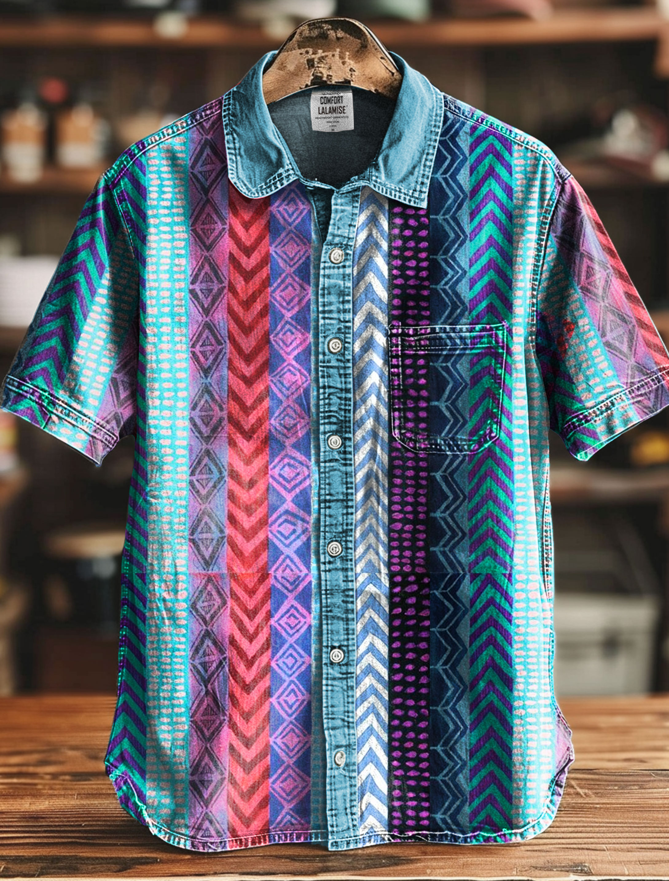 Summer Multi-color Striped Geometric Art Print Casual 100% Cotton Shirt