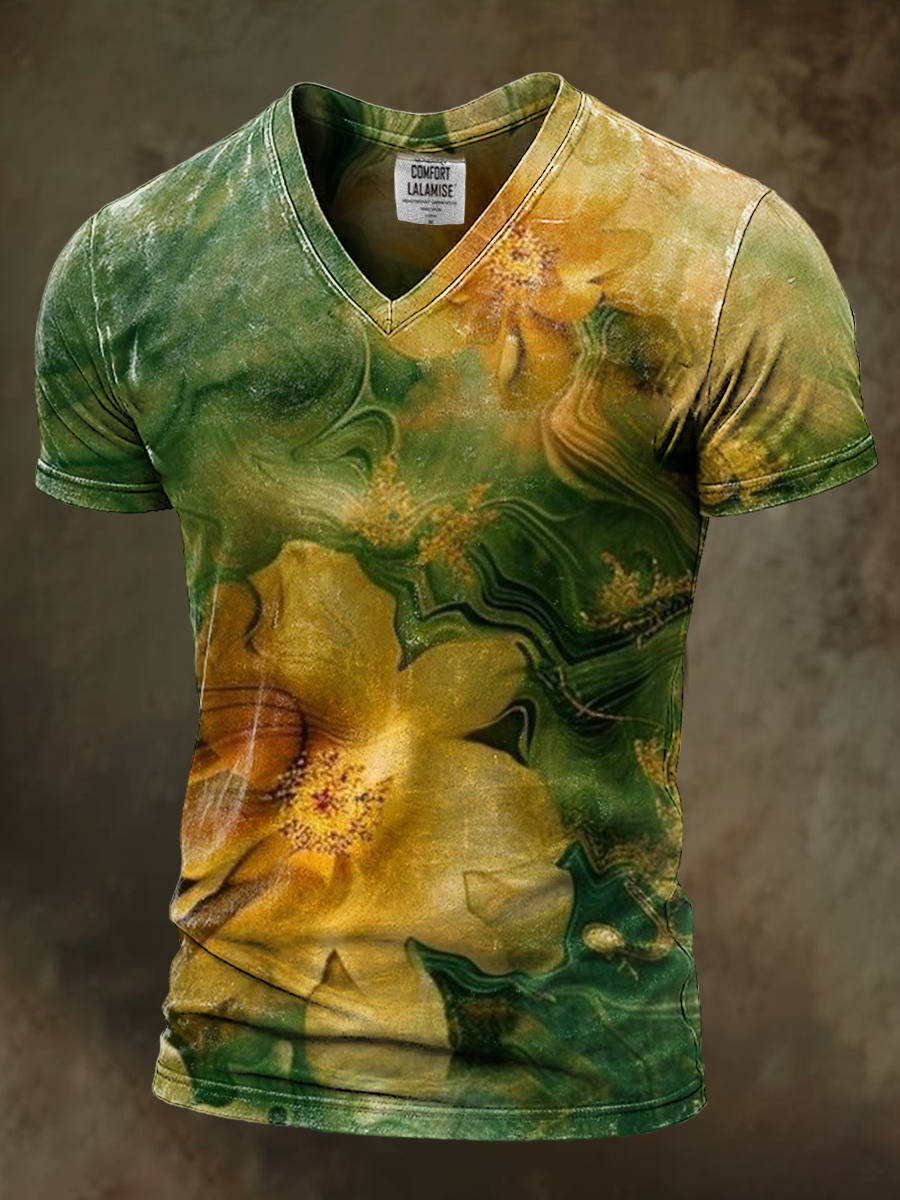 Retro Abstrct Flower Art Print Casaul Short Sleeve V-neck T-shirt