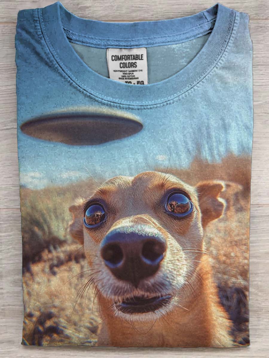 Fun Frightened by Spaceship Dog Print Casual Short Sleeve T-Shirt