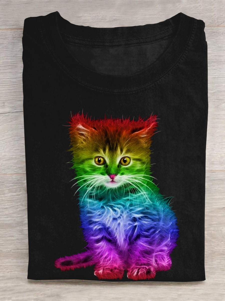 Rainbow Gradient Fun Cat Art Print Short Sleeve T-Shirt