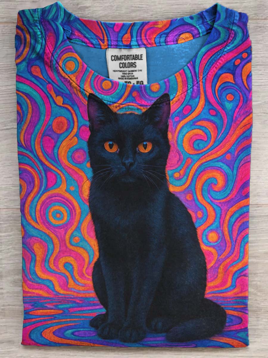 Art Abstract Line Cat Print Casual Short Sleeve T-Shirt