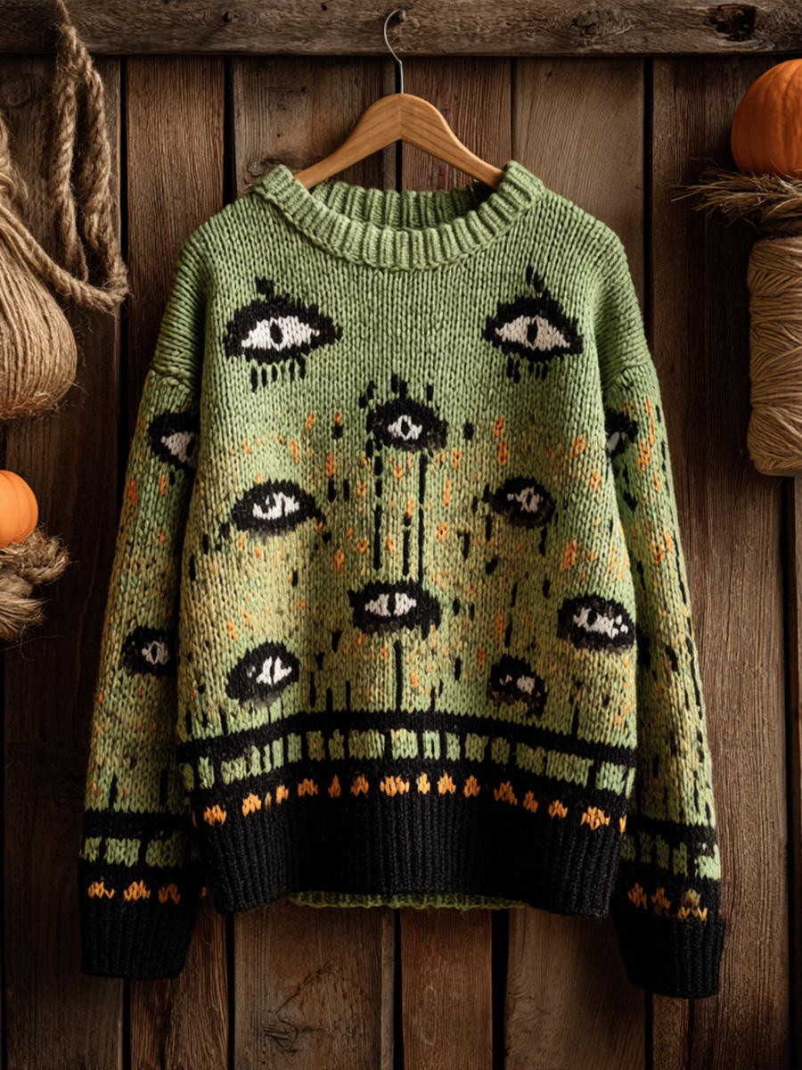 Vintage Halloween Eye Art Print Knit Pullover Sweater