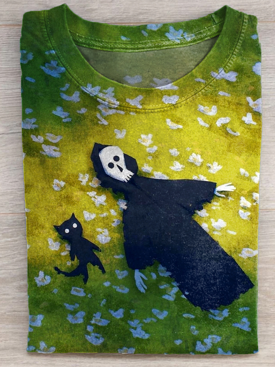 Fun Cat Halloween Skull Art Print T-shirt