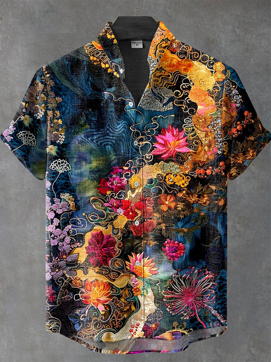 Vintage Floral Art Print Casual 100% Cotton Shirt